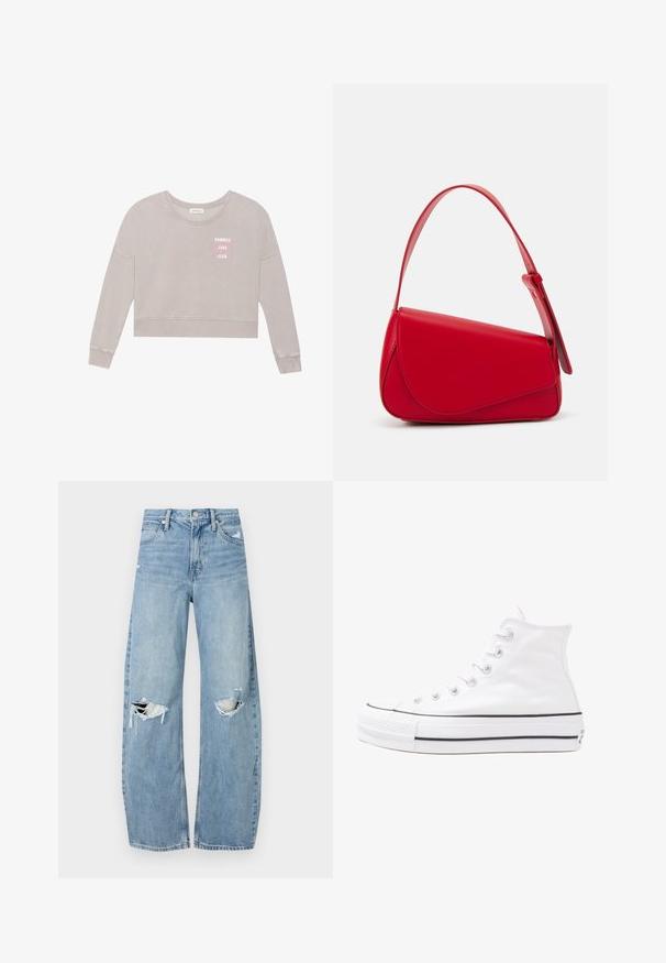 Light gray cropped sweatshirt with long sleeves, soft texture, and "SUMMER LOVE CLUB" print in pink. Features a round neckline and ribbed hem.; Light blue, high-waisted jeans made of denim. Feature wide legs, two torn knee areas, and classic five-pocket styling.; White high-top canvas sneaker with black rubber sole, front rubber toe cap, and six eyelets for laces, featuring a clean, minimalist design.; Red leather handbag with an angular, geometric design. Features a single adjustable strap and a flap closure with stitched detailing.