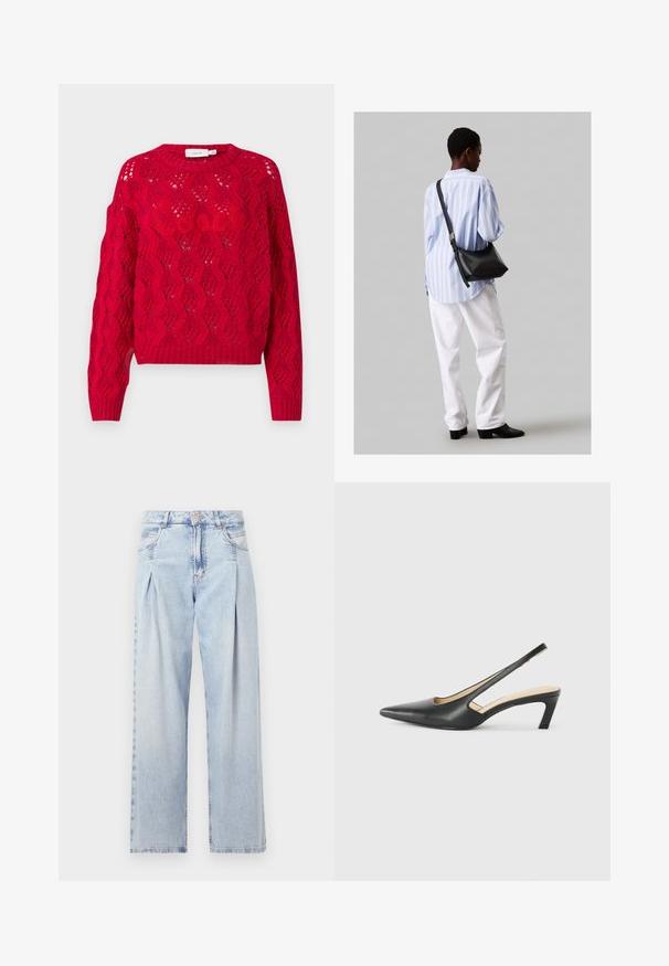 Κόκκινο πλεκτό πουλόβερ με υφή ανοιχτής πλέξης, στρογγυλή λαιμόκοψη και μακριά μανίκια με ριμπ μανσέτες και στρίφωμα.; Ανοιχτό μπλε τζιν παντελόνι με ψηλή μέση, φαρδιά γραμμή, δύο πλαϊνές τσέπες και σχέδιο με πτυχώσεις. Μαλακή υφή με ξεθωριασμένο φινίρισμα.; Μαύρο παπούτσι slingback με αιχμηρή μύτη και χαμηλό τακούνι, κατασκευασμένο από λείο δέρμα με σχέδιο κοπής στη πλευρά για αερισμό.; Μαύρη δερμάτινη τσάντα ώμου με απαλή υφή, τριγωνικό σχήμα και ρυθμιζόμενο λουρί, συνδυασμένη με ένα ανοιχτό μπλε ριγέ πουκάμισο και λευκό παντελόνι.