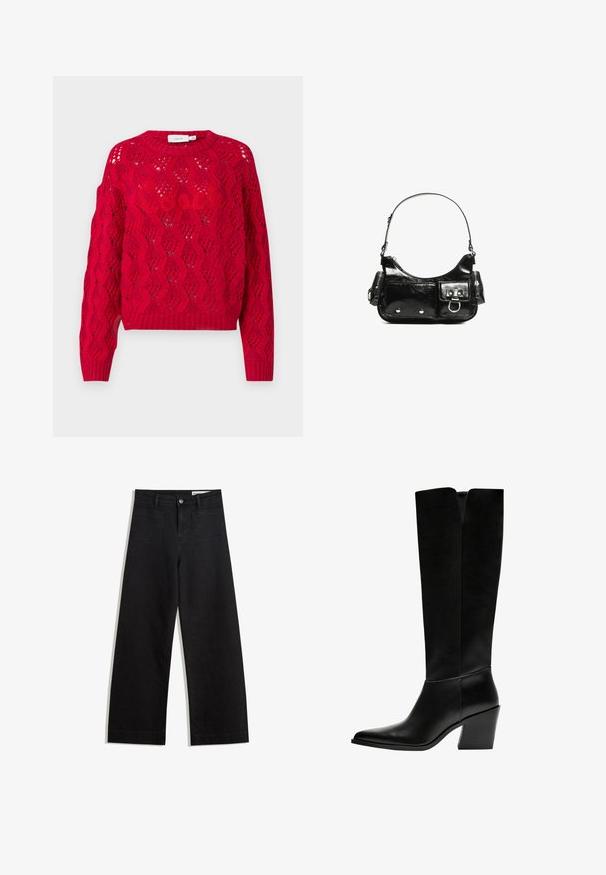 Piros kötött pulóver, textúrált nyitott mintával, kerek nyakkivágással, hosszú ujjakkal, bordázott mandzsettával és aljjal.; Fekete, bő szabású farmernadrág magas derékkal, elülső és hátsó zsebekkel, varrott felületekkel és gombos záródással. Sima textúra.; Fekete, térd fölé érő csizma sima bőrből, hegyes orral, tömbsarkával és V-alakú kivágással a tetején.; Fekete lakkbőr kézitáska ívelt formával, egy vállpánttal, elülső zsebekkel és ezüstszínű fémrészletekkel.