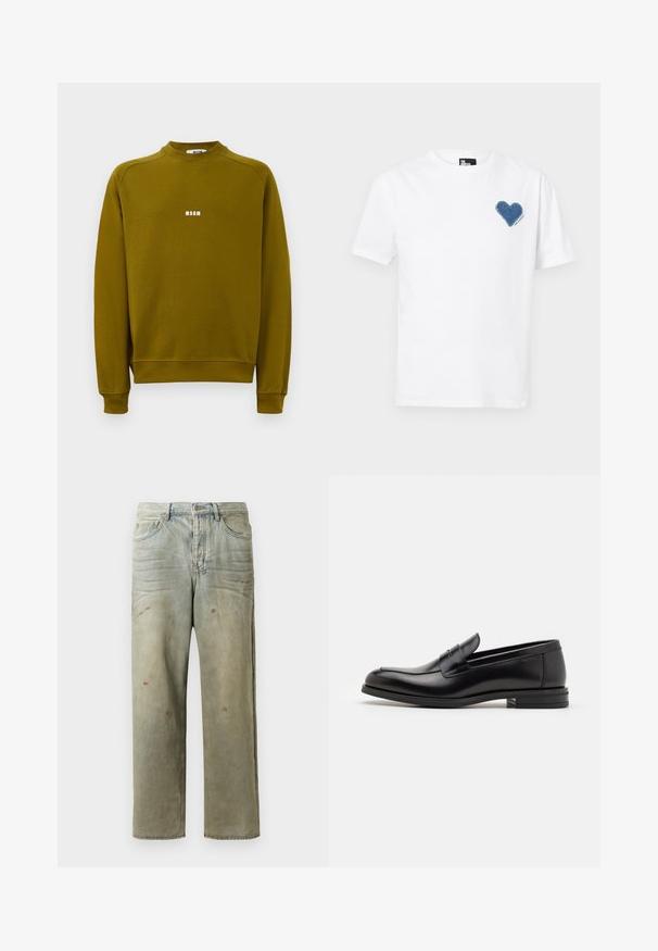 Felpa a maniche lunghe verde oliva con collo tondo e piccolo logo bianco "MSGM" al centro del petto.; T-shirt in cotone bianco con applicazione a forma di cuore in denim blu sul lato sinistro del petto. Maniche corte e scollo girocollo classico.; Jeans in denim strappato di colore verde chiaro, con gamba dritta, design a cinque tasche, sbiaditure irregolari e schizzi di vernice.; Mocassini neri in pelle con una texture liscia, punta arrotondata e una striscia decorativa sulla tomaia. Tacco basso impilato, design minimalista.