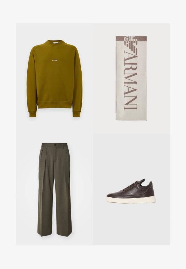 Olivgrön långärmad sweatshirt med rund halsringning och liten vit "MSGM"-logotyp centrerad på bröstet.; Filippa K WIDE TROUSERS - Tygbyxor - driftwood; Mörkbrun texturerad lädersneaker med snörning framtill och vit räfflad gummisula mot en enkel ljus bakgrund.; Beige halsduk med "ARMANI"-logotyp i brunt. Rektangulär form med mjuk textur och fransade kanter. Minimalistisk design, högkvalitativt material.