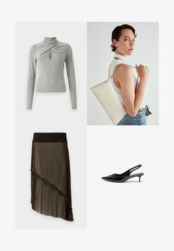 Maglione grigio a maniche lunghe con collo alto, caratterizzato da un design torcigliato e un'apertura a chiave sul davanti. Morbido tessuto a maglia.; Gonna nera in rete con vita aderente, orlo asimmetrico, bottoni decorativi lungo il davanti e texture sovrapposta trasparente.; Tacchi slingback in pelle nera con punta affusolata, piccolo tacco kitten e un dettaglio a nodo decorativo sulla parte anteriore. Texture liscia su tutta la superficie.; Borsa a pochette rettangolare bianca realizzata in materiale lucido, con una tracolla in catena argentata. Il modello posa, mostrando la borsa su uno sfondo semplice.