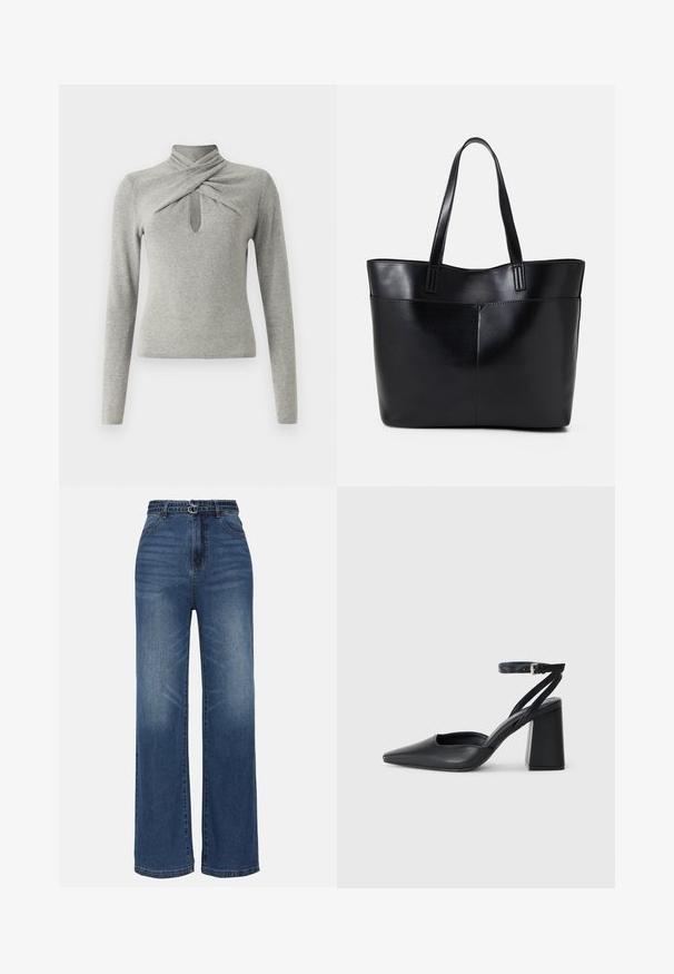 Gray long-sleeve sweater with a mock neck, featuring a twisted design and a keyhole cutout at the front. Soft knit texture.; Wide-leg blue denim jeans with a high waist, featuring two metal buckle accents, subtle fading, and standard five-pocket design.; Black leather pointy-toe pump with an ankle strap and a chunky heel. Flat texture, sleek design, and minimalistic aesthetics.; Black leather tote bag with two long handles, a smooth texture, and a structured shape. Features a front pocket for additional storage.