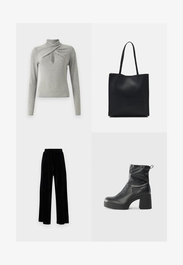 Maglione grigio a maniche lunghe con collo alto, caratterizzato da un design torcigliato e un'apertura a chiave sul davanti. Morbido tessuto a maglia.; Pantaloni neri a gamba larga realizzati in morbido velluto, dotati di una cintura elastica e una superficie liscia, senza dettagli o motivi visibili.; Stivali neri alla caviglia in pelle liscia, con zip laterale, tacco spesso e texture, e punta arrotondata.; Borsa tote in pelle nera con texture liscia, forma rettangolare e due manici lunghi. Nessun hardware o decorazione visibile.