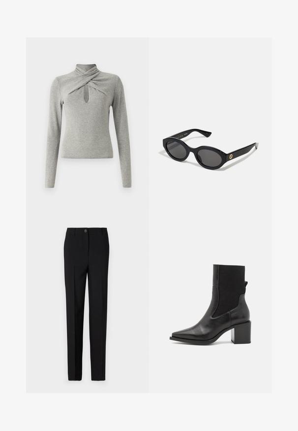 Pulôver cinza de manga longa com gola alta falsa, apresentando um design torcido e um recorte em forma de olho-chave na frente. Textura de malha macia.; Calças pretas ajustadas com um design de perna reta, apresentando fecho de botão e passantes para cinto, feitas de tecido suave.; Bota ankle preta com bico fino, feita de couro liso e tecido elástico. Apresenta um salto bloco e um design minimalista.; Óculos de sol ovais pretos com lentes escuras e armação de plástico brilhante. Apresenta um logotipo dourado na haste, oferecendo um design elegante e moderno.; Bolsa de padrão azul feita de tecido, com um formato curvo, alça de couro preto e design de logotipo em uma tonalidade mais clara.
