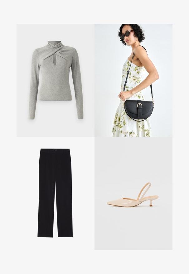 Pilkas ilgo Rankovėmis megztinis su faux priešlankiu, su sukta forma ir rakto skylutės išpjova priekyje. Švelnus megztas audinys.; Juodi švelnūs štrichiniai džinsai su tiesiu kirpimu, plokščiu liemeniu ir be matomų kišenių, su glotnia tekstūra ir vertikaliu briaunavimu.; Bežinės patentinės odos slingback kulniukai su smailiu priekiniu kraštu ir prašmatniu kvadratiniu kulnu. Lygus paviršius ir minimalizmo dizainas be puošmenų.; Juodas odinis krepšys su išlenkta forma, nuimamu dirželiu ir auksiniais detalėmis. Krepšys turi kilpą su sagtimi.