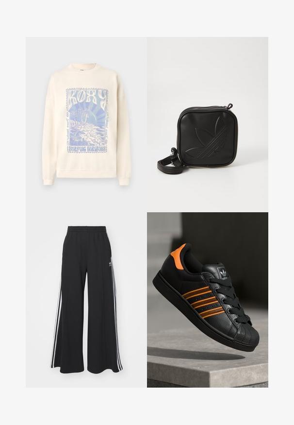 Light cream sweatshirt with a round neck and ribbed cuffs. Front features a blue graphic design with "ROXY" and a beach scene.; Black wide-leg sweatpants with an elastic waistband, featuring white side stripes and an embroidered logo on the left thigh.; Black sneaker with orange accents, three horizontal stripes, textured leather upper, rubber toe cap, and black laces.; Black square crossbody bag made of textured synthetic material. Features an embossed logo design and adjustable strap. Zipper closure.