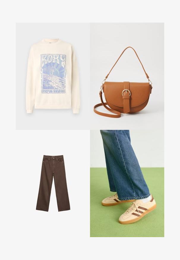 Světle krémová mikina se  kulatým výstřihem a žebrovanými manžetami. Na přední straně se nachází modrý grafický design se slovem "ROXY" a scénou z pláže.; Hnědé džíny s širokými nohavicemi vyrobené z denimu, s vysokým pasem, předními kapsami a klasickým zapínáním na knoflík. Hladká textura s jemným švem.; Beige tenisky s texturovanými krémovými panely a hnědými pruhy, kombinované s modrými džínovými kalhotami. Džínsy mají široké nohavice a roztrhaný lem.; Hnědá kožená křížová taška s zakřiveným tvarem, zlatými detaily a akcentem s přezkou. Obsahuje odnímatelný popruh na rameno.