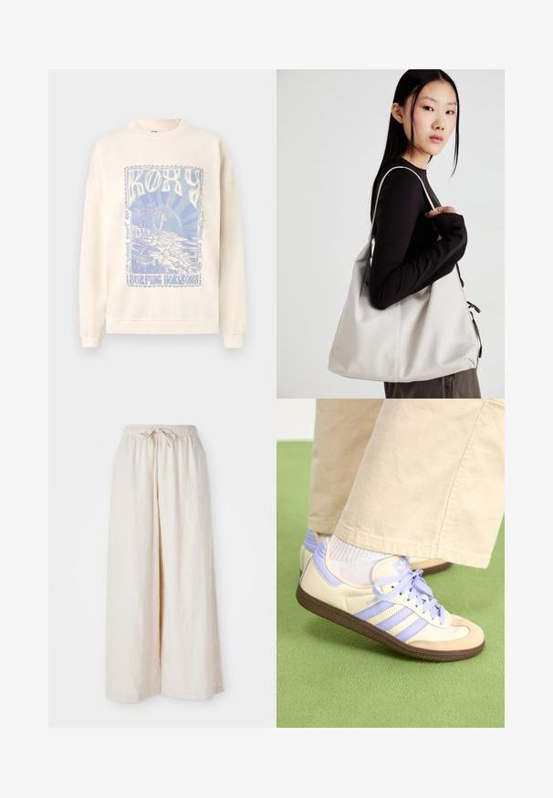 Light cream sweatshirt with a round neck and ribbed cuffs. Front features a blue graphic design with "ROXY" and a beach scene.; Wide-leg, cream-colored trousers with an elastic waistband and drawstring. Smooth, lightweight linen fabric, no visible patterns or hardware.; Cream and lavender sneakers with three stripes and a textured brown sole, featuring laces and a padded heel. Soft fabric upper.; Beige handbag made of soft material, featuring a slouchy design, stitched detailing, and two shoulder straps. Suitable for everyday use.