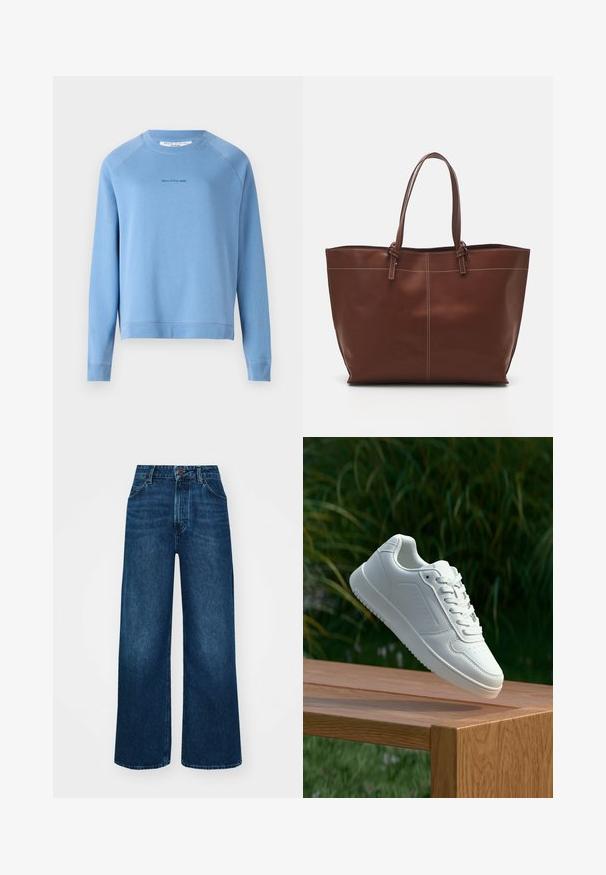 Ljusblå sweatshirt i mjuk tyg, med rund halsringning, långa ärmar och en liten logotyp tryckt på bröstet.; Hög midja, vida jeans i mörkblå denim med en smidig textur, kontrasterande sömmar och femficksdesign. Frontknäppning.; Vita sneakers med en slät syntetisk ovandel, perforerat tåparti, platta snören och en strukturerad sula, placerade på en träyta.; Brun läder tote-väska med dubbla handtag, har kontrasterande sömmar och en rymlig design, lämplig för vardagligt bruk.