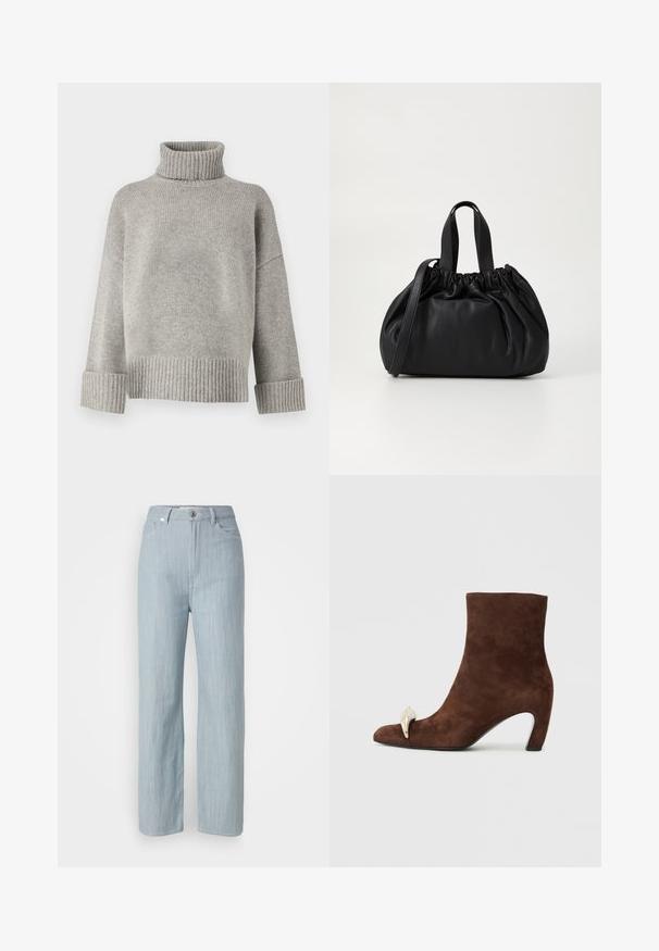 Grå turtleneck sweater lavet af blødt strikmateriale med ribbede manchetter og kant. Har en afslappet pasform og en struktureret halsudskæring.; Lysblå straight-leg jeans lavet af denim. Har fem lommer, en metal knaplukning og subtile slidser for tekstur.; Brune ruskindsankelstøvle med spids tå, der har en guldfarvet detalje foran og en buet hæl. Glat overflade, struktureret design.; Sort læderhåndtaske med en samlet topdesign, der har to korte håndtag og en lang justerbar rem. Glat overflade, rund form.