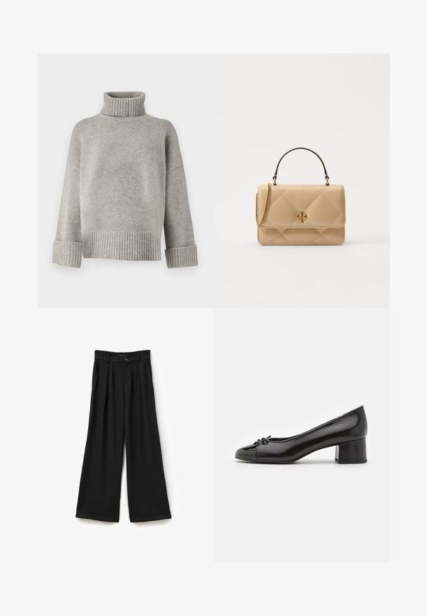 Maglione grigio a collo alto realizzato in morbido tessuto a maglia con polsini e orlo a coste. Presenta una vestibilità rilassata e un colletto strutturato.; Pantaloni neri a gamba larga con vita alta, pieghe sul davanti e una texture morbida. Chiusura con bottone e passanti per cintura.; Décolleté in vernice nera con punta arrotondata, piccolo fiocco decorativo sul fronte e tacco a blocco basso. Texture liscia su tutta la superficie.; Borsa a tracolla in pelle beige trapuntata con hardware dorato, tracolla a catena e manico superiore. Presenta una patta frontale e un dettaglio con logo distintivo.