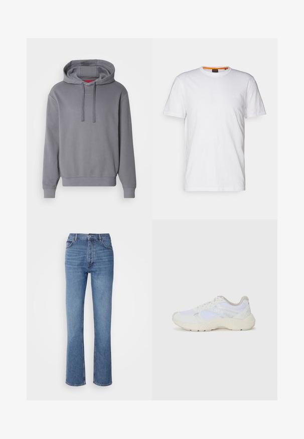 Pilkas džemperis su kengūros kišene, su raištelio gobtuvu ir raukšlėmis rankogaliuose. Ant krūtinės subtili "HUGO" ženklas. Minkštas audinio paviršius.; Balta medvilnė marškinėliai su apvalia iškirpte, trumpomis rankovėmis ir subtiliu iškilniu logotipu ant krūtinės. Viduje esantis etiketas turi oranžinį akcentą.; Mėlyni džinsai su aukštu liemeniu, tiesaus kirpimo dizainu ir subtiliu išblukimu. Turi klasikinį penkių kišenių stilių ir užtrauktuko uždarymą.; Balti sportiniai bateliai, pagaminti iš tinklinės medžiagos ir zomšos, su tekstūruotu viduriu, tekstūruotais akcentais ir „HUGO“ logotipu šone.