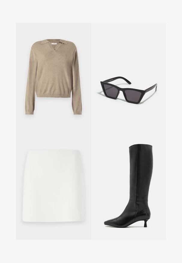 Maglione beige con scollatura a V e design con colletto. Maniche lunghe, polsini a costine e una consistenza morbida, adatto per un look casual.; Mini gonna bianca, aderente, con una texture liscia e linee pulite. Nessun motivo visibile o accessori. Orlo dritto sul fondo.; Zign Stivali alti - black; Occhiali da sole neri e angolari con lenti grigie; realizzati in plastica, con aste spesse dalla superficie liscia e senza hardware visibile.; Borsa a pochette nera in suede con chiusura a zip e tracolla rimovibile. Presenta hardware in tonalità oro e una texture liscia e opaca.