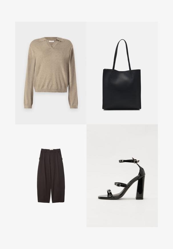 Beige Pullover mit V-Ausschnitt und Kragen-Design. Lange Ärmel, gerippte Bündchen und eine weiche Textur, geeignet für die Freizeit.; Schwarze weit geschnittene Hosen aus einem glatten Stoff, mit hoher Taille, Frontfalten und Seitentaschen. Schlichtes Design ohne Verzierungen.; Schwarze patentierte Sandalen mit Absatz, quadratischer Spitze, Knöchelriemen und silbernen Schnallen. Mit einem stabilen Blockabsatz für mehr Stabilität.; Schwarze Laptoptasche aus Leder mit glatter Textur, rechteckiger Form und zwei langen Griffen. Keine sichtbaren Beschläge oder Verzierungen.