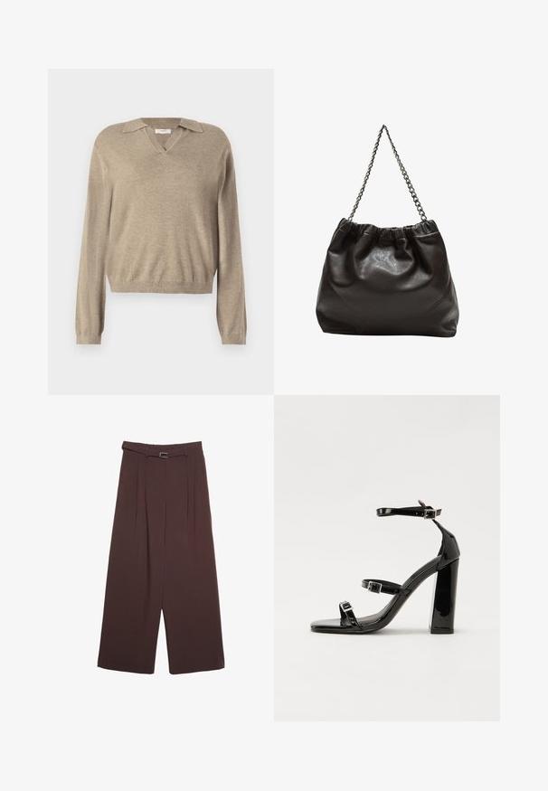 Beige Pullover mit V-Ausschnitt und Kragen-Design. Lange Ärmel, gerippte Bündchen und eine weiche Textur, geeignet für die Freizeit.; Stradivarius WIDE-LEG WITH BUCKLE DETAIL - Stoffhose - dark brown; Schwarze patentierte Sandalen mit Absatz, quadratischer Spitze, Knöchelriemen und silbernen Schnallen. Mit einem stabilen Blockabsatz für mehr Stabilität.; Braune Lederhandtasche mit gerafftem Oberteil und Kettenriemen. Glatte Textur mit glänzendem Finish und subtilen Nahtdetails an den Seiten.