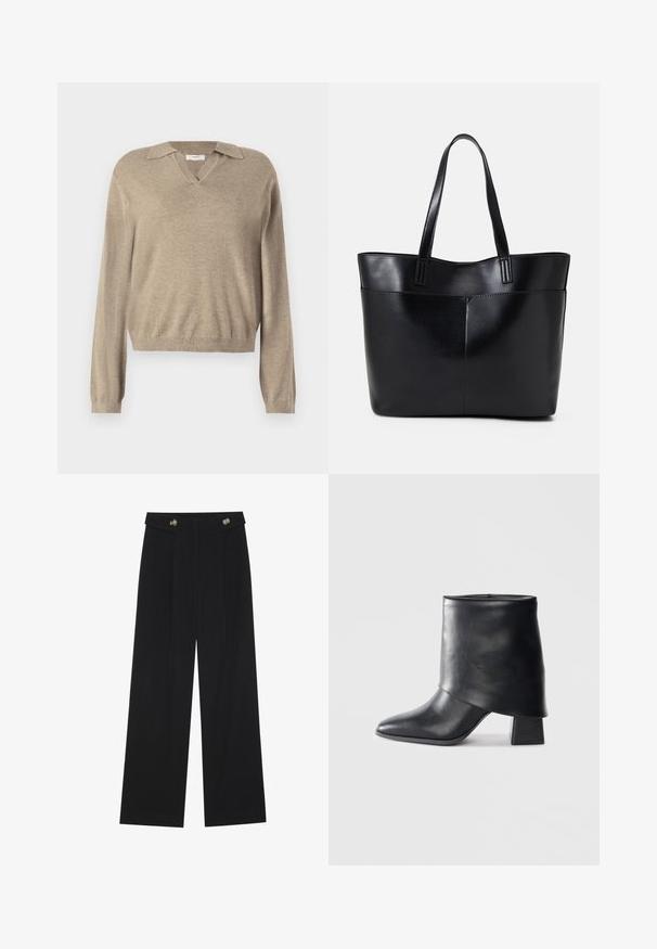 Pull beige avec un décolleté en V et un design col. Manches longues, poignets côtelés et une texture douce, idéal pour une tenue décontractée.; Pantalons larges noirs à taille haute, avec des détails de boutons à la taille et des plis sur le devant.; Bottine en cuir noir à bout pointu, texture lisse et talon bloc structuré. Elle se distingue par un design de revers haut et plié.; Sac fourre-tout en cuir noir avec deux longues poignées, une texture lisse et une forme structurée. Dispose d'une poche avant pour un rangement supplémentaire.