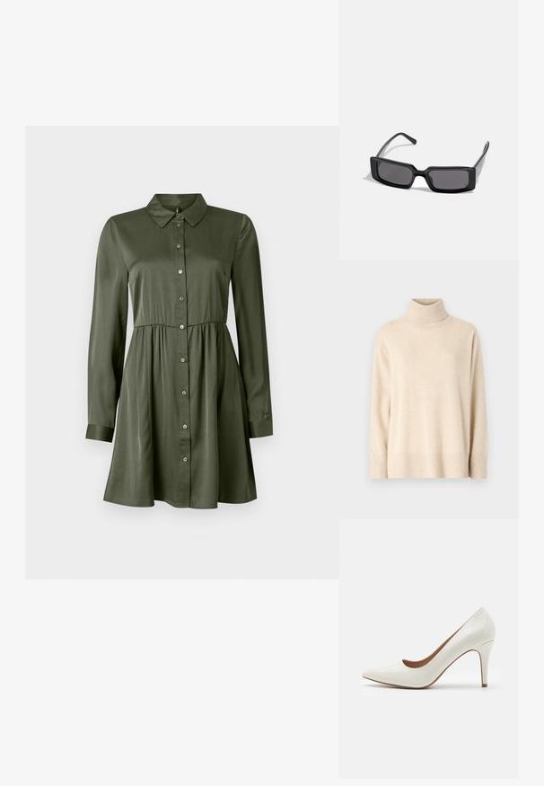 Beige Rollkragenpullover aus weichem Stoff, mit einem gerippten Kragen und Bündchen, locker geschnitten und mit geradem Saum.; Langärmliges, olivgrünes Hemdkleid mit tailliertem Schnitt und Kragen, leicht ausgestelltem Rock und geknöpften Ärmeln.; Weiße Lackleder-Pumps mit spitzer Zehenform und glatter Oberfläche, ausgestattet mit einem schmalen Absatz und einem niedrigen Schnitt um die Öffnung.; Schwarze Sonnenbrille mit rechteckigem Rahmen, dunklen Gläsern und glatter, glänzender Oberfläche. Verfügt über dünne Bügel mit dezentem Branding an der Seite.; Goldfarbene metallische Ohrringe mit einem wellenförmigen Design; glatte, reflektierende Oberfläche; asymmetrische Form; keine sichtbaren Muster oder Hardware.