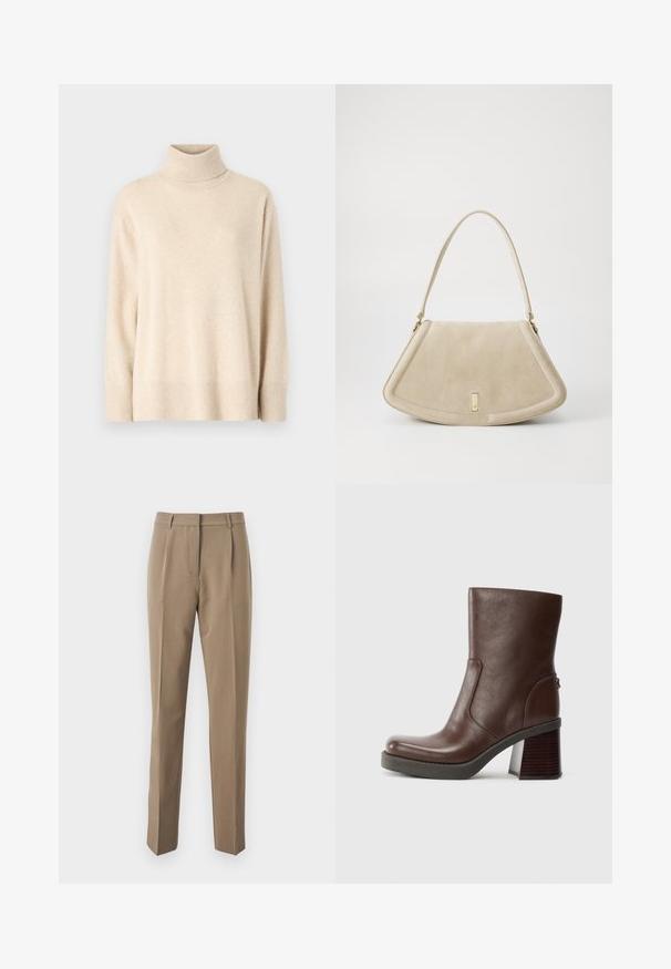 Pull marin beige en tissu doux, avec un col et des poignets côtelés, à coupe décontractée et à ourlet droit.; Pantalons tailleur marron en tissu lisse, présentant une coupe droite, des plis avant et une taille avec passants de ceinture.; Bottine en cuir marron avec un bout arrondi, texture lisse et un talon chunky en bois. Détail de couture sur le côté et éclat subtil.; Sac à main en suède beige avec une forme triangulaire arrondie, une bandoulière unique et un accent en métal doré à l'avant.