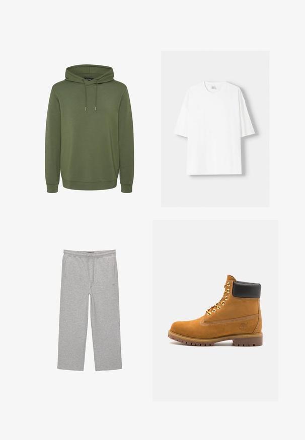 Felpa verde oliva realizzata in un materiale morbido, presenta un cappuccio capiente con lacci e polsini e orlo a costine per una vestibilità comoda.; T-shirt bianco a maniche corte realizzato in cotone, con scollatura rotonda e vestibilità rilassata. Texture liscia, senza motivi o dettagli visibili.; Pantaloni lounge grigi in cotone con cintura elastica, cordoncino e due tasche laterali; design a gamba dritta, morbida al tatto, senza motivi.; Stivale alla caviglia in suede tan con collare imbottito nero, occhielli in metallo dorato, dettagli in cucitura bianca e suola in gomma robusta con battistrada pronunciato.