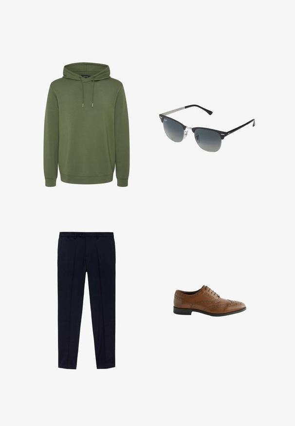 Olivově zelená mikina s kapucí vyrobená z měkkého materiálu, která má prostornou kapuci se šňůrkami a žebrované manžety a lem pro pohodlné nošení.; Balení tří triček: jedno černé a dvě bílá. Každé má kulatý výstřih, krátké rukávy a je vyrobeno z hladké bavlněné látky.; Námořnické modré kalhoty s plochým předním designem, vyrobené z hladké tkaniny. Mezi vybranými detaily jsou dva boční kapsy a zipový přední zapínání na knoflík.; Hnědé kožené společenské boty s propracovanými detaily v broguingu, kulatou špičkou a plochým podpatkem. Obsahují pět dírek na šněrování a hladkou texturu.; Černé a stříbrné sluneční brýle ve tvaru kočičích očí, se stupňovitými skly a kovovými detaily na rámu. Plastové nožičky s šedými konci.
