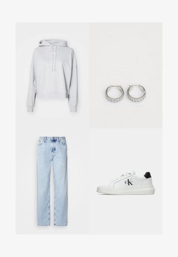 Hoodie cinza claro, cropped, feito de um tecido suave. Apresenta um capuz com cordão, ombros caídos e punhos canelados. Design simples e minimalista.; Calças em ganga de perna larga de tom azul claro, com cintura alta, lavagem desbotada e um discreto padrão tie-dye na parte da frente.; Sapatilhas brancas de cano baixo com aba preta no calcanhar, sola tipo plataforma, cordões e logo "CK" da Calvin Klein na lateral.; Brincos em argola prateados com um design texturizado que apresenta sulcos verticais. Forma circular com um fecho de segurança. Acabamento suave.
