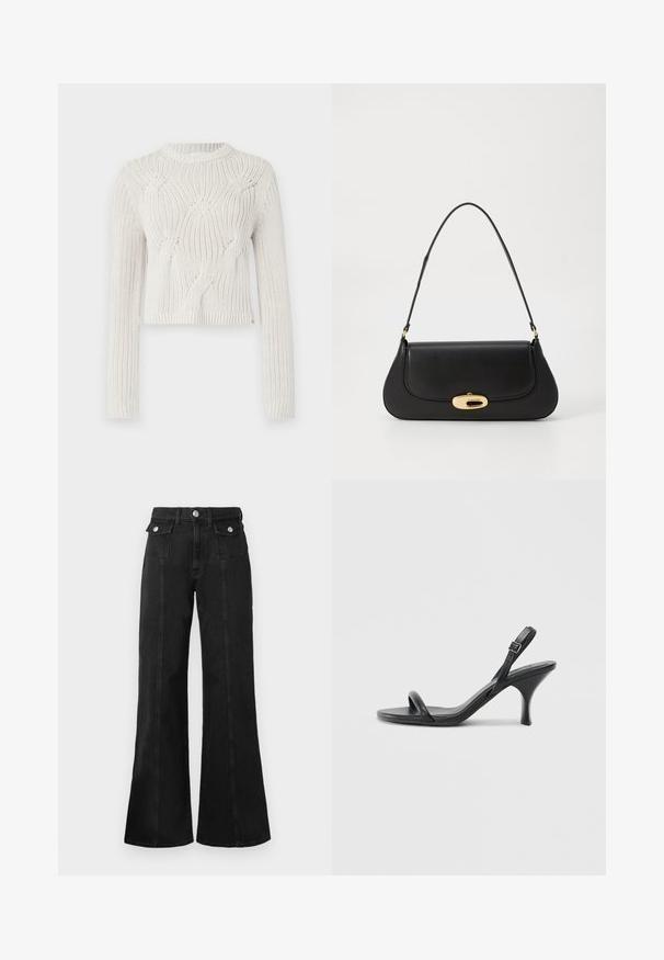 Kerman neulepaita pyöreällä kauluksella, jossa on aaltoileva tekstuuri, pitkät hihat ja lyhennetty helma.; Mustat farkkukangas leveälahkeiset housut, joissa on korkea vyötärö, kaksi etutaskua, hopeasävyiset yksityiskohdat ja näkyvät saumarivistöt edessä.; Mustat nahkaiset korkokengät, joissa on hoikka, kaareva korko ja ristiin menevä hihnadesign. Säädettävä nilkkahihna. Silkkinen pinta.; Musta nahkainen käsilaukku, jossa on kaareva muotoilu, kultasävyiset yksityiskohdat ja yläkahva. Sisältää tyylikkään sulkijan ja sileän pinnan.