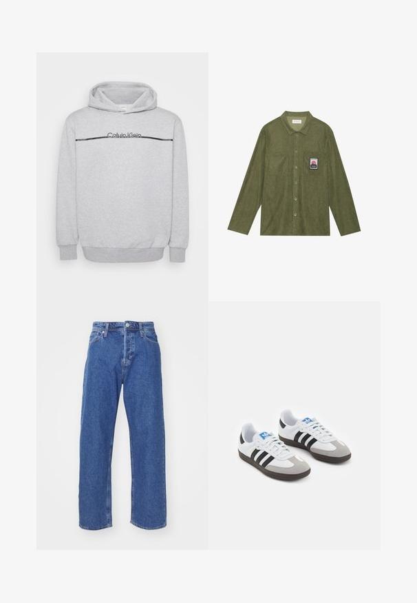 Grauer Hoodie aus weichem Stoff mit einem Logo auf der Vorderseite, einem schwarzen horizontale Streifen über der Brust sowie einem gerippten Bündchen und Saum.; Olivgrünes Cordhemd mit langen Ärmeln, Knopfverschluss, zwei Brusttaschen und einem Berggrafik-Patch auf der linken Tasche.; Blaue Denim-Jeans mit geradem Beinschnitt, ausgestattet mit einem Knopf- und Reißverschluss, im Fünf-Taschen-Stil und minimalen Steppnähten.; Sportschuhe mit einem Obermaterial aus weißem Leder, grauer Wildleder-Zehenkappe und drei schwarzen Streifen. Sie verfügen über ein blaues Logo auf der Zunge und eine strukturierte Gummisohle.