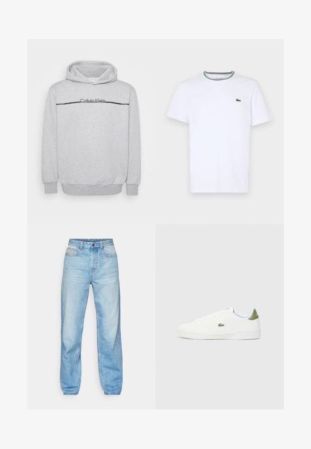 Sudadera gris hecha de un tejido suave, con un logo frontal, una franja horizontal negra en el pecho y puños y dobladillo de canalé.; Camiseta de algodón blanca de manga corta con cuello de canalé que presenta rayas verdes y negras; pequeño logo verde bordado en el lado izquierdo del pecho.; Jeans de color azul claro hechos de mezclilla, con corte recto, diseño de cinco bolsillos y una cremallera visible con costuras en contraste.; Zapatillas blancas con una textura suave, que presentan un acento verde en el talón y un pequeño logo de cocodrilo bordado en el lateral.