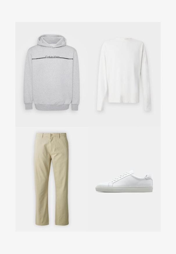 Hanorac gri din material moale, cu un logo în față, o bandă orizontală neagră pe piept și manșete și tiv din material rib.; Cămașă albă din bumbac cu mâneci lungi, decolteu rotund, fante pe laterale la baza, cu o textură netedă, expusă din spate.; Pantaloni din bumbac bej cu un design drept, închidere frontală cu buton și curea. Textură netedă, fără modele sau accente vizibile.; Adidași albi cu o suprafață din piele netedă și un profil jos. Au un vârf rotunjit, șase orificii pentru șireturi și o talpă din cauciuc texturată.