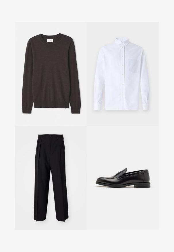 Maglione a maglia marrone scuro con scollatura rotonda, maniche lunghe, polsini e orlo a costine, texture liscia e etichetta con branding minimale.; Camicia bianca a maniche lunghe con bottoni, realizzata in cotone, caratterizzata da una tasca sul petto con ricamo tonale, colletto e polsini con bottoni.; Pantaloni neri a pieghe con un design dritto e gamba larga. Realizzati in tessuto morbido, con chiusura a bottone e passanti per cintura.; Mocassini neri in pelle con una texture liscia, punta arrotondata e una striscia decorativa sulla tomaia. Tacco basso impilato, design minimalista.