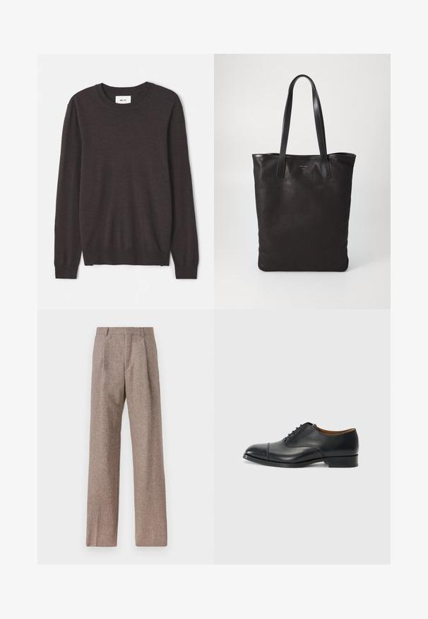 Tumepruun kudumitega kampsun ümarate krae, pikkade varrukate, soonikute mansettide ja helkuri ning sileda tekstuuriga, vähese brändi logoga.; Valge pikamaa varrukatega nööbiga särk, mis on valmistatud puuvillast ja millel on rinna tasku toon-toonis brodeeringuga, krae ja nööbiga mansetid.; Prunnid, kõrge vöökohaga püksid, mis on valmistatud tekstureeritud kangast. Omavad laiu jalgu ja kahte eesmist voldikut struktuuri jaoks. Korralik viimistlus, ilma nähtava riistvarata.; Must have nahkkingak, sileda viimistluse, ümarate varvastega, viie silmaga paelte jaoks ja madala ploki kontsaga. Minimalistlik disain koos diskreetsete õmblustega.; Mustmust kott mustade nahkade käepidemetega. Lihtne disain, avar keha ja sile tekstuur. Pole nähtavaid logosid ega mustreid.