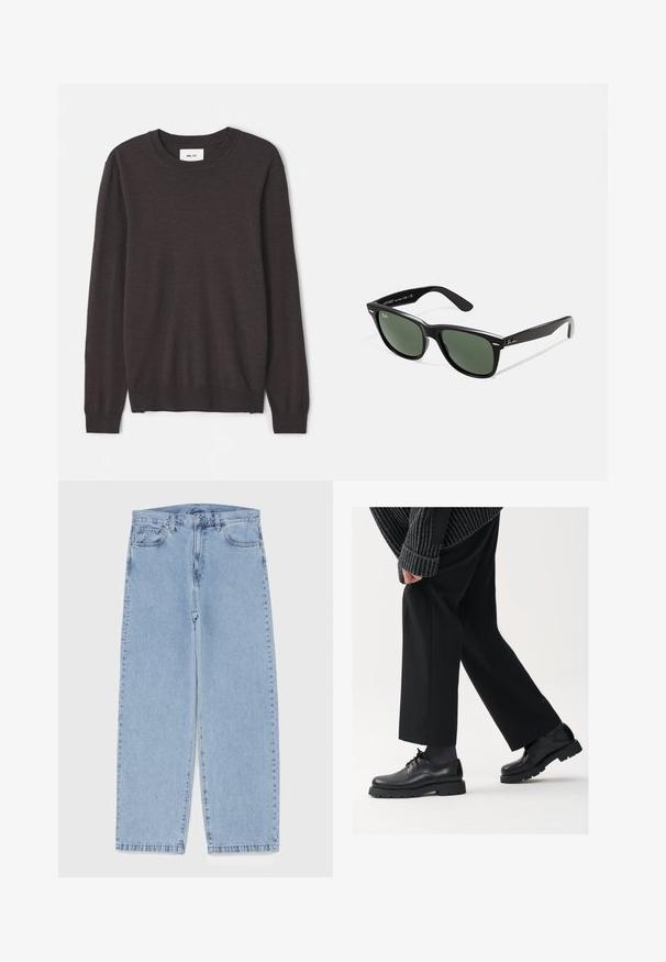 Donkerbruin gebreide trui met een ronde halslijn, lange mouwen, geribbelde manchetten en zoom, een gladde textuur en een minimaal merklabel.; Lichtblauwe denim jeans met een recht model, voorzien van een middelhoge taille, vijf zakken en een knoop- en ritssluiting.; Zwarte leren schoenen met een afgeronde neus, vetersluiting en een dikke, getextureerde zool. Draagt een gepaste zwarte broek en een geribbelde trui.; Zwarte plastic zonnebril met groene lenzen, vierkante montuur, zilveren accent op de wenkbrauw en een gestructureerde tempel. Merken vermeld op de binnenkant van de arm.