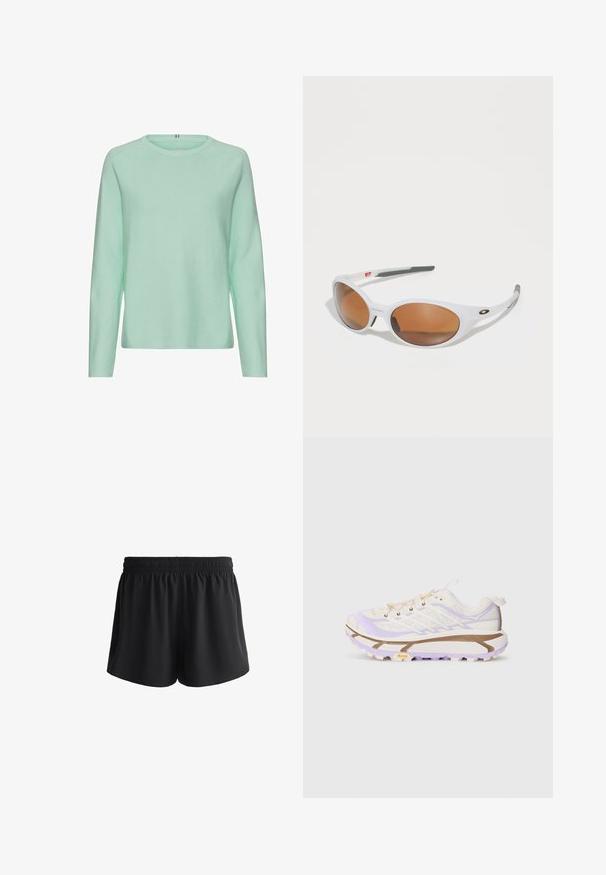 Light mint green knitted sweater, long sleeves, round neckline, ribbed texture, casual fit, no visible patterns or hardware details.; Black athletic shorts with an elastic waistband, soft fabric, and a loose fit, featuring side pockets and smooth edges.; Lightweight running shoes with a cream and lavender mesh upper, reinforced rubber sole, and distinctive grooves for traction.; White sunglasses with brown lenses, oval shape, made of smooth plastic, featuring gray accents on the arms and a logo on the frame.; Klättermusen HRID ACCESSORY BAG 3L UNISEX - Cross body bag - clay