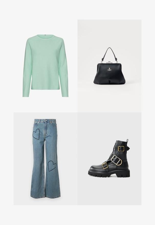 Light mint green knitted sweater, long sleeves, round neckline, ribbed texture, casual fit, no visible patterns or hardware details.; Light blue denim flared jeans featuring two dark blue heart patches on the front. Classic five-pocket design with a button closure.; Black leather ankle boot with chunky sole, featuring multiple straps and gold hardware accents. Smooth texture, rugged design.; Black leather handbag with a textured surface, silver hardware, clasp closure, and a short handle for carrying. Compact and structured design.