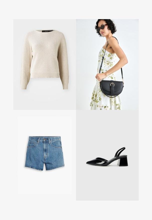 Suéter de malha bege claro com acabamento texturizado, decote redondo e mangas longas. Apresenta um acabamento canelado na barra e nas punhos, com um corte descontraído.; Bermudas de ganga em azul claro, com cinco bolsos, fecho de correr e fecho de botão. A bainha está desfiada com um design de corte descontraído.; Sandy em verniz preto com salto slingback, ponta afilada e salto geométrico. Apresenta um design elegante e minimalista com textura suave.; Bolsa de couro preta com forma curva, alça destacável e detalhes em dourado. A bolsa possui uma aba com detalhe de fivela.