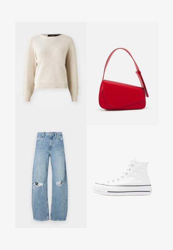 Svetlo bež pletena majica z teksturiranim zaključkom, okroglo izrezanega vratu in dolgimi rokavi. Ima rebrast rob in manšete ter sproščen kroj.; Svijetloplave traperice visoki struk. Imaju široke nogavice, dva poderana područja na koljenima i klasičan petotoksi stil.; Beli visoki platneni športni čevelj z črnim gumijastim podplatom, sprednjim gumijastim zaščitnikom za prste in šestimi luknjicami za vezalke, ki se ponaša s preprostim, minimalističnim dizajnom.; Rdeča usnjena torba z angularnim, geometrijskim dizajnom. Ima en samostoječ nastavljiv ročaj in pokrov, zaprt z zapiranjem, ki je okrašen s šivi.