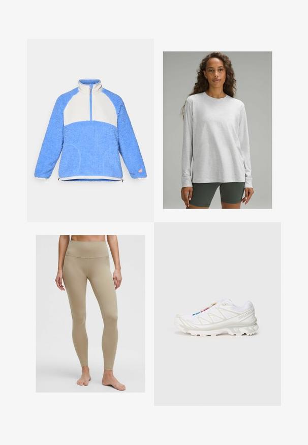 Hellblauer Fleece-Pullover mit einem weißen Einsatz, halber Reißverschluss am Hals, elastischen Bündchen und einer vorderen Kängurutasche. Auffällige flauschige Textur.; Langärmliges, hellgraues Hemd aus weichem, strukturiertem Stoff mit Rundhalsausschnitt und lässiger Passform, kombiniert mit dunkelgrünen Shorts.; Beige, hoch taillierte Leggings aus elastischem Stoff, mit einer glatten Textur und ohne sichtbare Muster oder metallische Details.; Weiße Sportlich-Schuh mit strukturiertem Mesh-Obermaterial, reflektierenden Akzenten und einer gepolsterten Sohle. Auffälliges Markenlogo an der Seite.