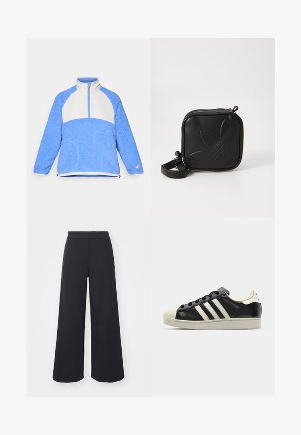 Pullover in pile blu chiaro con pannello bianco, collo a mezza zip, polsini elasticizzati e tasca a marsupio frontale. Texture particolarmente soffice.; Pantaloni felpati neri a gamba larga realizzati in tessuto morbido, con un elastico in vita e un piccolo logo sul lato sinistro.; Sneaker in pelle nera con strisce bianche, punta in gomma, lacci neri e suola di colore crema. Texture liscia con finitura brillante.; Borsa a tracolla nera realizzata in materiale sintetico testurizzato. Presenta un design con logo inciso e una tracolla regolabile. Chiusura con zip.