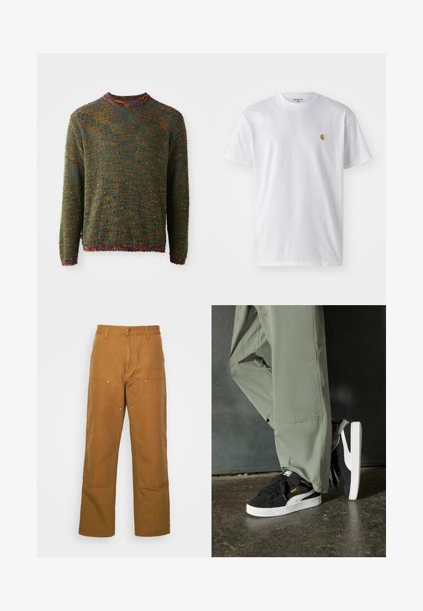 Pulover tricotat de culoare verde închis, cu un model texturat, având flici multicolore și un guler și manșete cu model în relief.; Tricou alb din bumbac, cu mâneci scurte, gât echipat, având un mic logo auriu în zona stânga a pieptului. Textură moale și croială normală.; Pantaloni utilitari din bumbac maro, cu un design drept, având buzunare frontale și accente din metal pentru o durabilitate sporită.; Adidași negri din piele întoarsă cu tălpi din cauciuc alb și dungi pe lateral, asortați cu pantaloni cargo verzi deschis, stând pe o suprafață texturată întunecată.