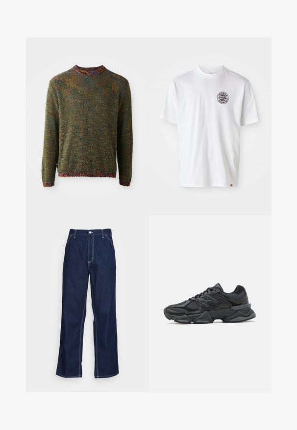 Pleteni pulover v temno zeleni barvi z teksturiranim vzorcem, ki vsebuje večbarvne pike ter rebrast ovratnik in manšete.; Bela bombažna majica s krožnim logotipom na prsih. Ovratnik v krogu, kratki rokavi, sproščen kroj, z rdečimi in črnimi detajli.; Temno modri jeans hlače širokih nogavic, z visokim pasom, sprednjimi žepi in kontrastnim belim šivom ob šivih.; Črne tekaške superge, ki združujejo mrežaste in sintetične materiale, imajo debel podplat, ukrivljen oblikovni slog ter izrazito blagovno znamko na strani.