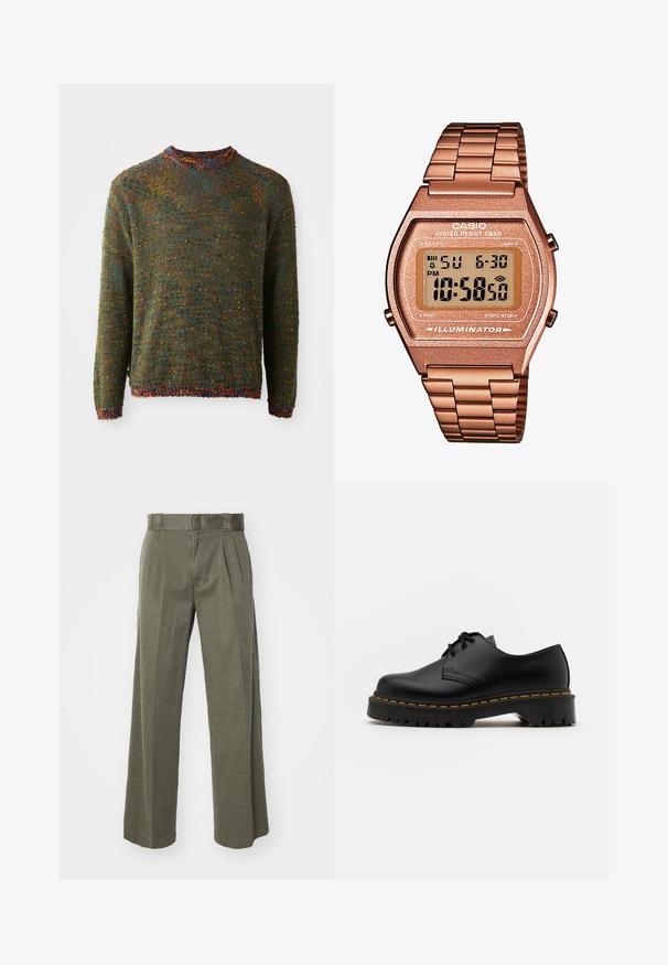 Knit sweater in dark green with a textured pattern, featuring multicolored flecks and a ribbed neckline and cuffs.; Olive green trousers featuring a loose, wide-leg design with front pleats. Made from textured fabric with a standard waistband and no visible hardware.; Black leather lace-up shoe with a rounded toe, textured rubber sole, and yellow stitching around the base. Flat design and smooth finish.; Digital Casio watch with a rose gold metal band, rectangular case, illuminated display, and water resistance, showing time and date.