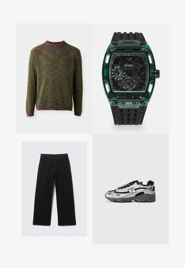 Pleteni pulover v temno zeleni barvi z teksturiranim vzorcem, ki vsebuje večbarvne pike ter rebrast ovratnik in manšete.; Črne hlače širokih nogavic iz denima, z klasičnim petim žepnim dizajnom in strukturiranim pasom z zankami za pas.; Srebrni in črni športni čevlji z mrežastim zgornjim delom, oblazinjeno podplatom, vezanjem in podrobnostmi blagovne znamke na strani.; Ura Guess z značilnim pravokotnim zelenim plastičnim ohišjem, črnimi teksturiranimi gumijastimi trakovi in več prikazovalniki z izrazitimi številkami in akcenti.