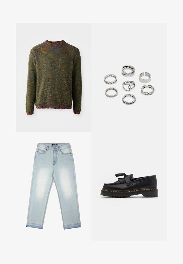 Knit sweater in dark green with a textured pattern, featuring multicolored flecks and a ribbed neckline and cuffs.; Pegador BARROW - Loose Jeans - sand washed blue; Black leather loafer with a tasseled accent, featuring a chunky black sole and yellow stitching along the edge. Textured finish.; Set of seven silver rings featuring various designs, including twisted, linked, and engraved patterns. Different shapes and widths.