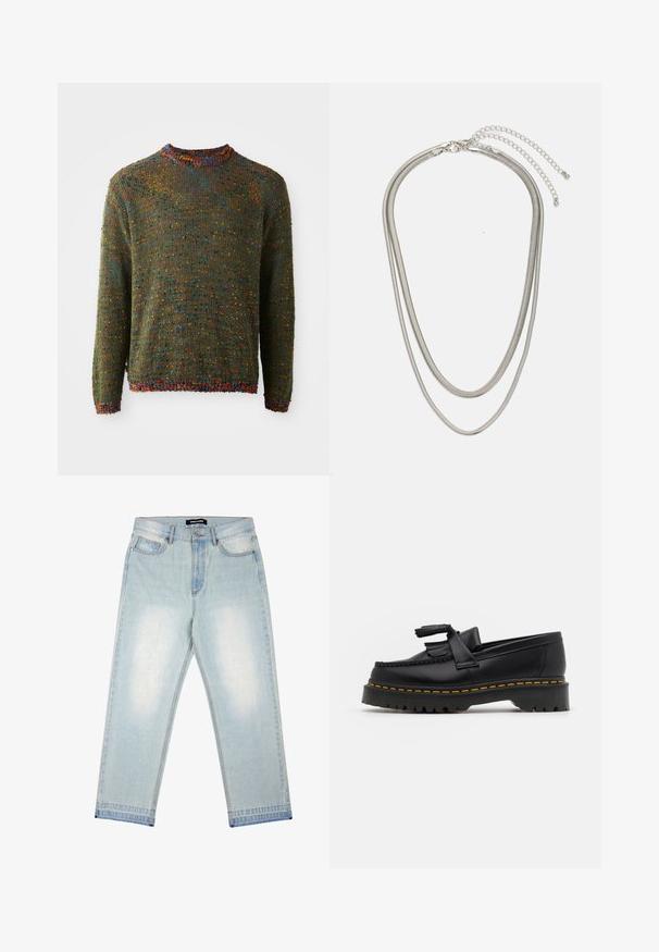 Tumedast rohelisest Sofistikeeritud kampsun, millel on tekstuuriline muster ja mitmevärvilised laigud, ribitud kaeluse ja varrukaotstega.; Pegador BARROW - Loose fit teksad - sand washed blue; Mustmust musta loafer, millel on frantsiisi aktsent, paks must tald ja kollane õmblus servas. Tekstuuriga viimistlus.; Kolmekihiline hõbedane metallkaelakee, mis on valmistatud peentest, paindlikest kettidest kerge läikega, kinnitatud krabi sulguri ja reguleeritava ketiga.