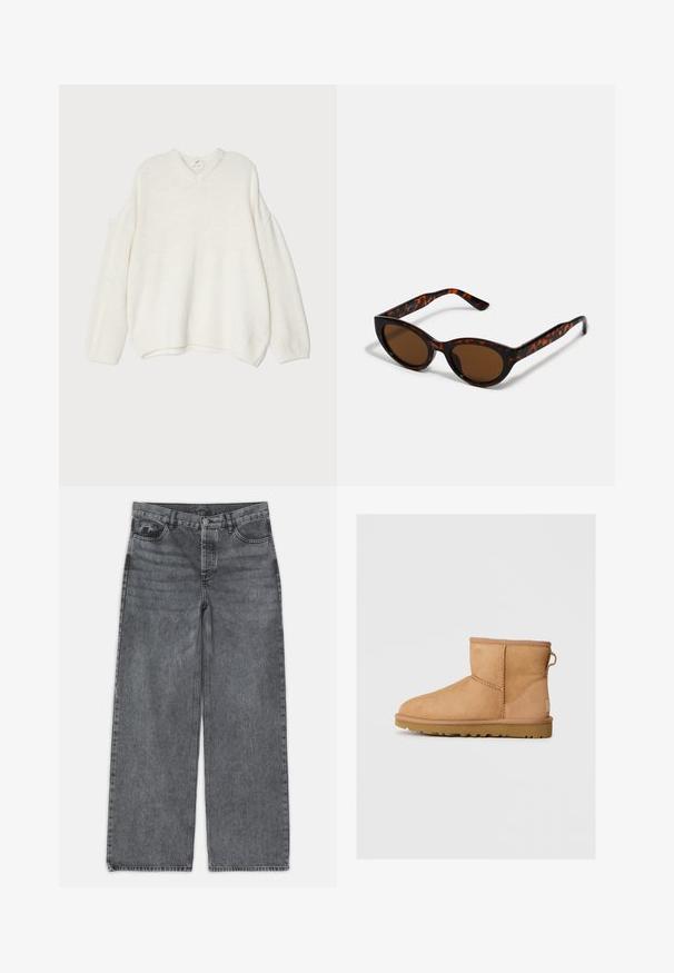 Weißer übergroßer Pullover mit V-Ausschnitt, gerippter Textur, fallenden Schultern und gestrickten Bündchen. Weiches Material mit entspanntem Design.; Weite Jeans in dunkelgrauem Denim. Verfügt über eine hohe Taille, ein Fünf-Taschen-Design und einen Frontknopfverschluss. Glatte Textur mit subtilen Auswaschungen.; Hellbraune Wildleder-Stiefeletten mit runder Zehenpartie, genähten Details, Ziehschlaufe an der Rückseite und einer strukturierten Gummisohle. Entwickelt für Komfort und Wärme.; Braune Schildpatt-Sonnenbrille mit einer Vintage-Cat-Eye-Form und braunen Gläsern. Verfügt über gebogene Bügel mit roten Akzenten.