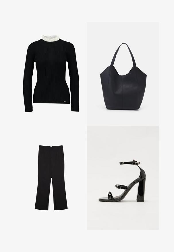 Schwarzes, geripptes Langarmoberteil mit einem weißen, gerafften Kragen. Das Oberteil hat eine taillierte Form und eine weiche Textur. Dezentes Logo am Saum.; Schwarze Hose mit geradem Schnitt, ausgestattet mit Fronttaschen und Seitenschlitzen am Saum. Hergestellt aus weichem, glattem Stoff. Geeignet für verschiedene Anlässe.; Schwarze patentierte Sandalen mit Absatz, quadratischer Spitze, Knöchelriemen und silbernen Schnallen. Mit einem stabilen Blockabsatz für mehr Stabilität.; Schwarze Tote-Bag aus glattem Leder, mit einem abgerundeten, offenen Oberteil, zwei Schulterträgern und einem minimalistischen Design.