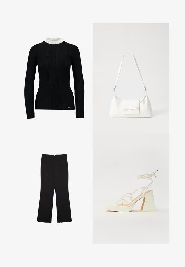 Sort ribbet langærmet top med hvidt flæsekantdetalje, der har en tætsiddende form og blød tekstur. Diskret logo ved kanten.; Sorte bukser med lige pasform, der har frontlommer og slidser i kanten. Lavet af blødt, glat stof. Velegnet til forskellige anledninger.; Hvide højhælede sandaler med en kraftig hæl, der har et stropdesign og ankelbinding. Glat tekstur med en platform foran for ekstra højde.; Hvid syntetisk håndtaske med en trekantet form, flad forsideklap og sløjfedetalje, justerbar strop, glat tekstur og minimalistisk design.