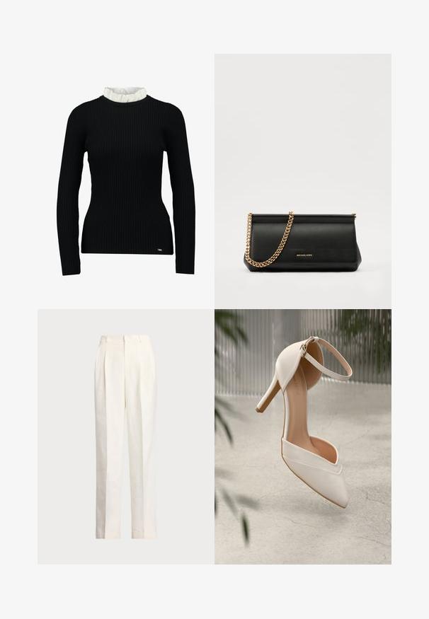 Top lungo a maniche nere a costine con un colletto rifinito in bianco a volant, caratterizzato da una forma aderente e una consistenza morbida. Logo discreto sull'orlo.; Polo Ralph Lauren HEMP WIDE LEG PANT - Pantaloni - nevis; Scarpa bianca con tacco alto in materiale liscio, con punta affilata e cinturino alla caviglia. Presenta un interno color beige chiaro e dettagli in metallo dorato.; Clutch bag in pelle nera con tracolla in catena dorata, caratterizzato da una superficie liscia, forma rettangolare e branding in rilievo sul davanti.