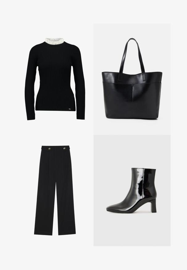 Schwarzes, geripptes Langarmoberteil mit einem weißen, gerafften Kragen. Das Oberteil hat eine taillierte Form und eine weiche Textur. Dezentes Logo am Saum.; Schwarze weite Hosen mit hoher Taille, Knopfdetails am Bund und vorderen Falten.; Schwarzer Lackleder-Stiefelette mit spitzer Zehe und einem mittelhohen Blockabsatz. Glatte Textur und minimalistisches Design.; Schwarze Leder-Shopper-Tasche mit zwei langen Griffen, einer glatten Textur und einer strukturierten Form. Verfügt über eine Vordertasche für zusätzlichen Stauraum.